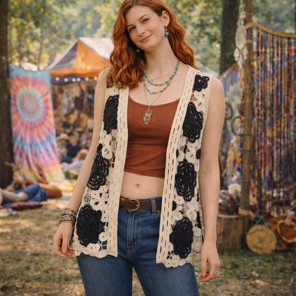 House of Harlow Crochet Vest Women One Size Black Cream Floral Sheer Hippie Boho